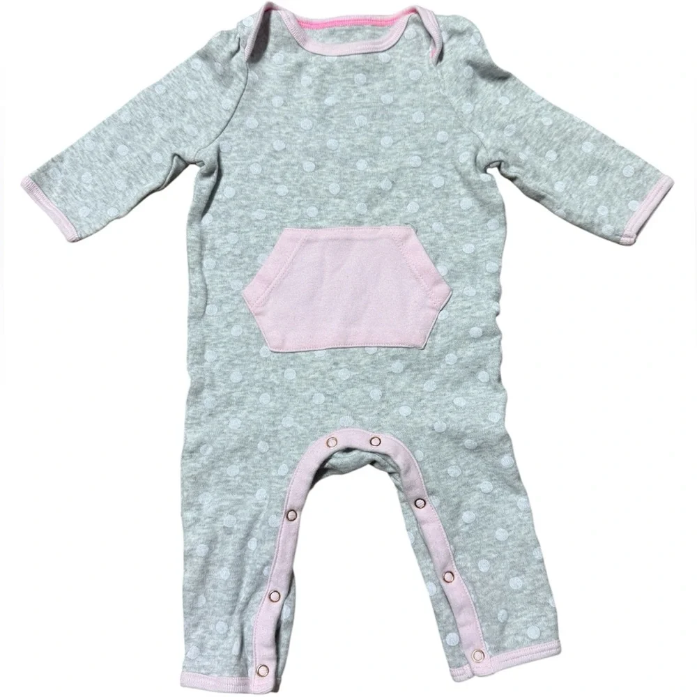 Cloud Island | Gray and Pink Polka Dot Romper | 0-3M